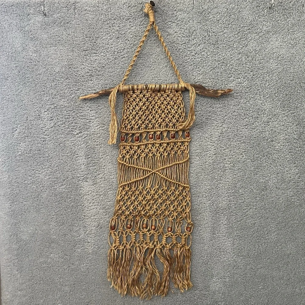1970s Jute Macrame Wall Hanging Rustic Branch Boho  Handmade 42